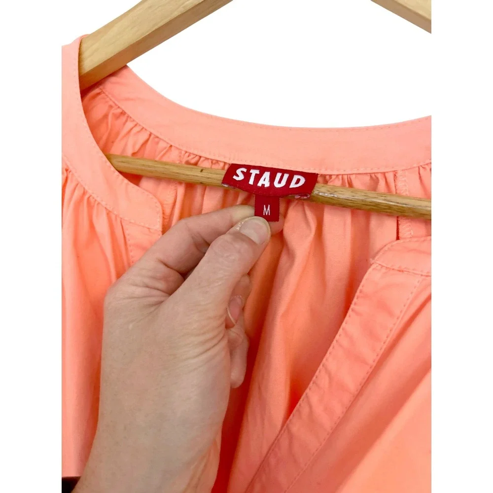 Staud Dill Poplin Top Coral Peach Cotton Puff Sleeve Button Up Blouse Size M